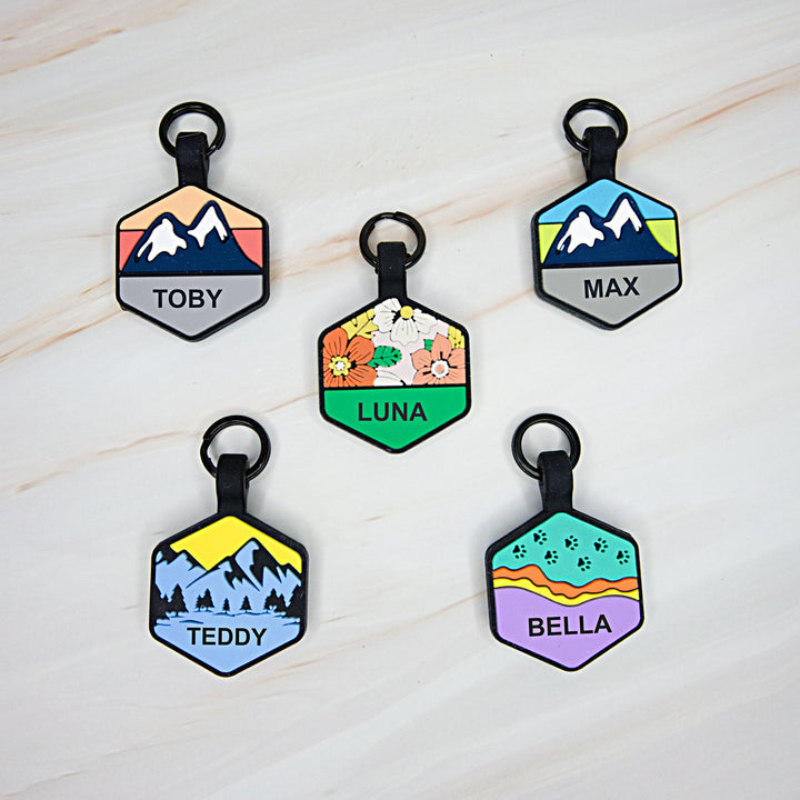 Five personalized silicone pet ID tags in unique, colorful designs.

