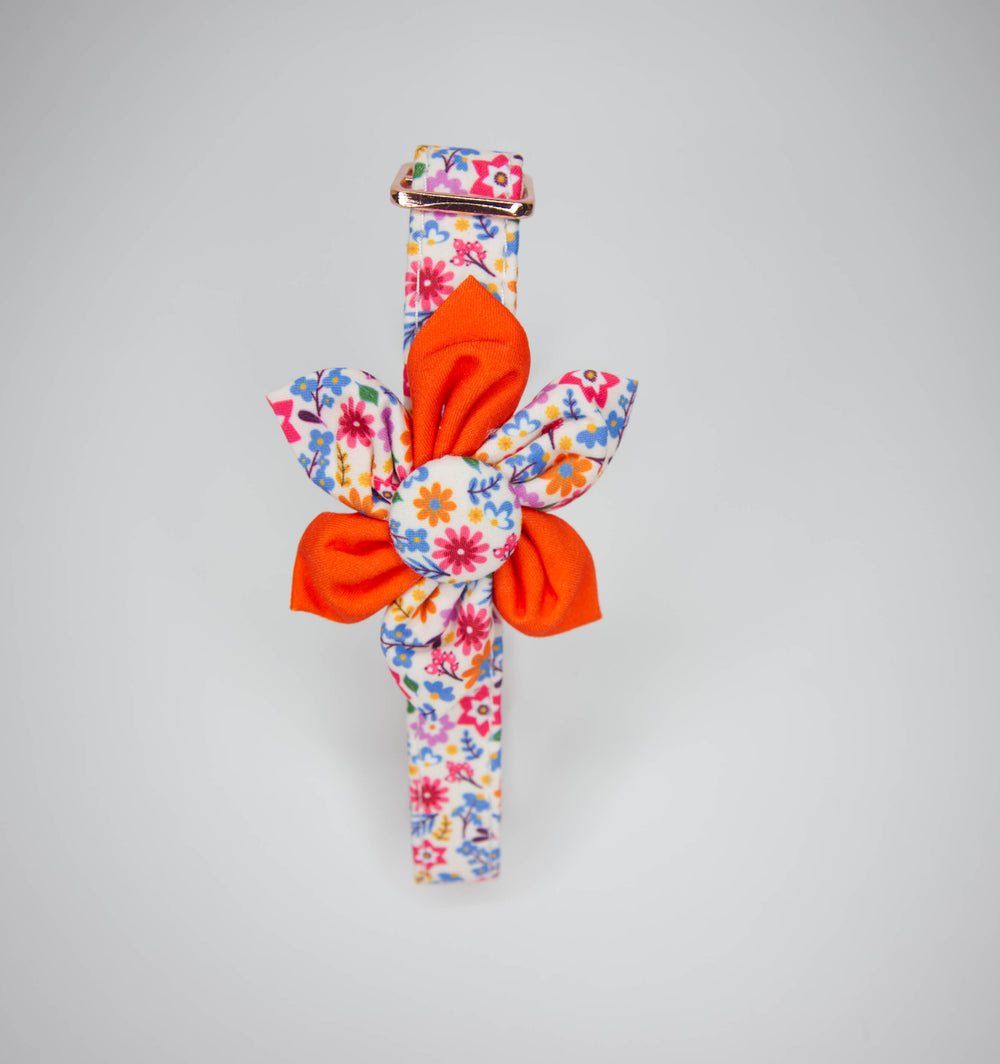 A Toby Collection dog collar with a pink and white floral pattern and a large red flower accessory.