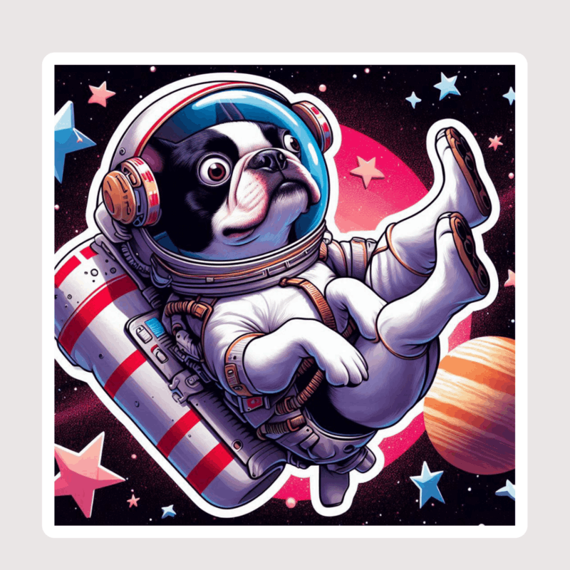 A cartoon sticker of a Boston terrier dog wearing a space suit.