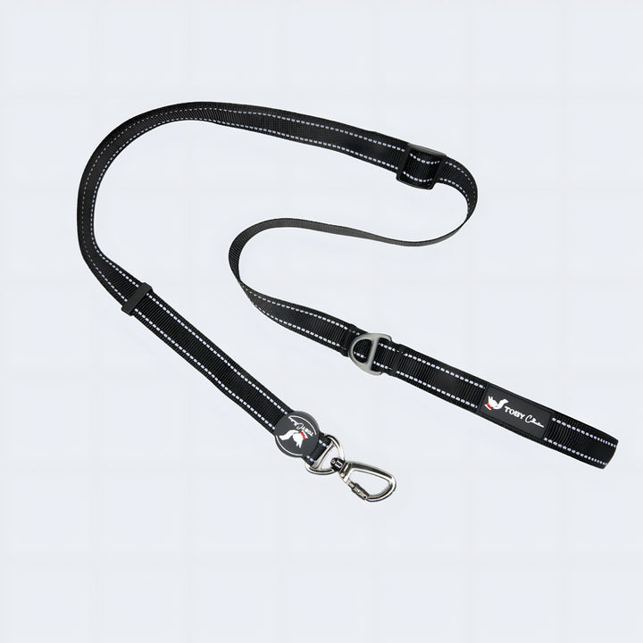 Black dog leash with reflective striping on a light gray background